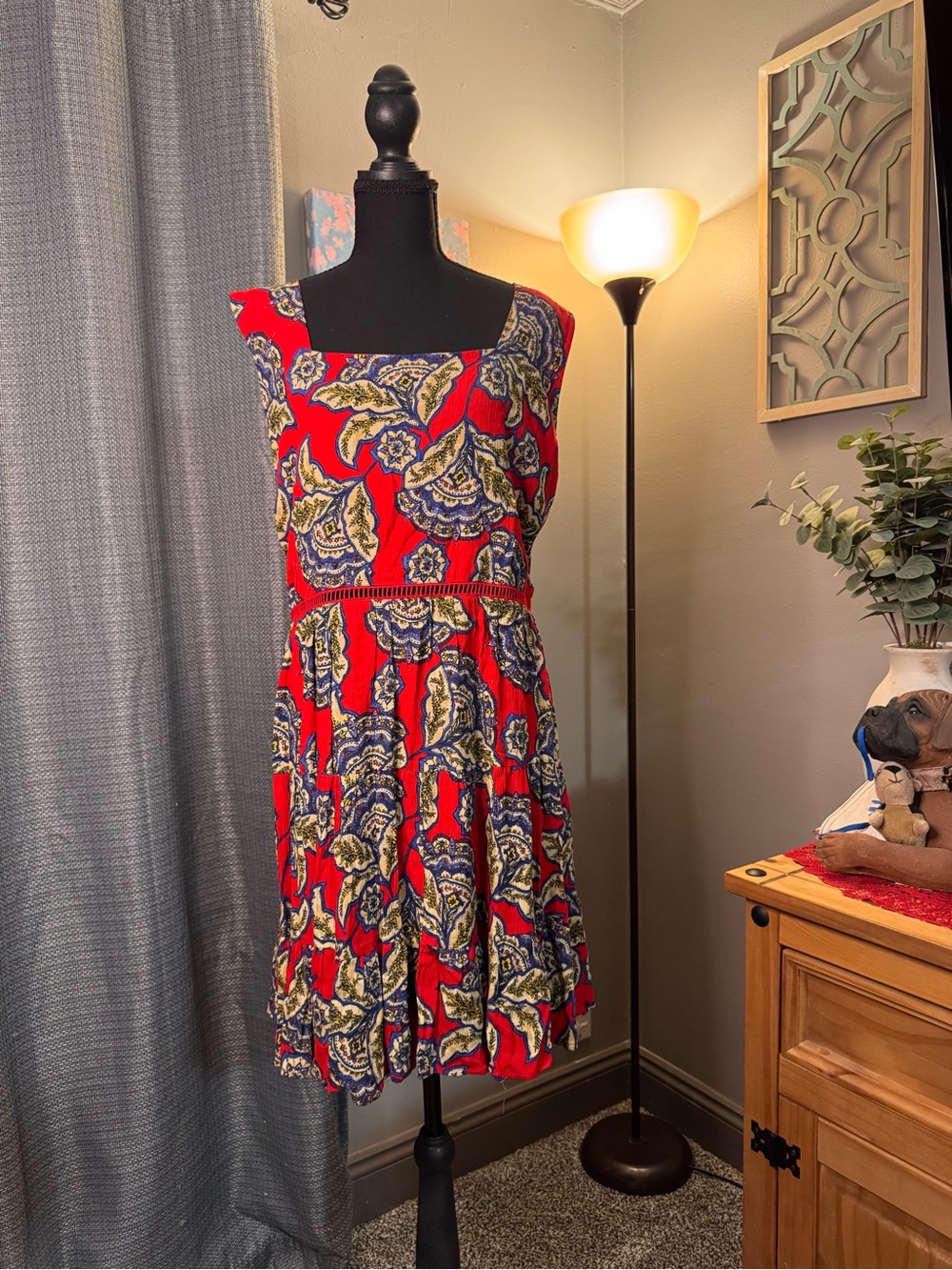 Maurices Red Floral Midi Dress with Blue and Cream Accents